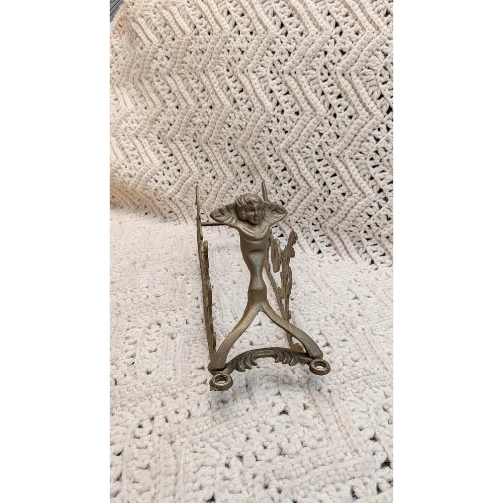 Vintage Brass Art Nouveau Wine Bottle Cradle Holder Lady Figure Floral Decor